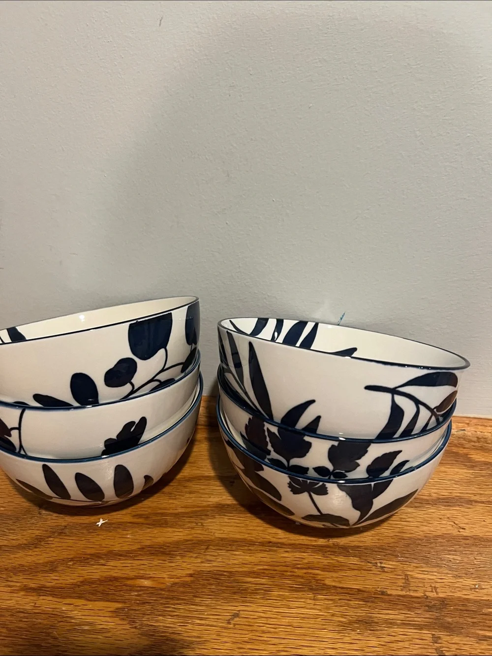Arbor White Stoneware Bowl Set with Blue Botanical Design - 6 Pieces